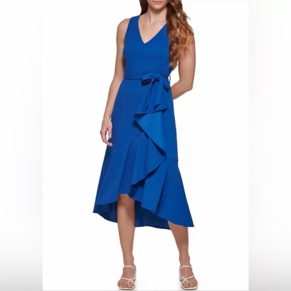 CALVIN KLEIN BLUE BELTED FIT AND  FLARE DRESS MIDI SIZE 8 $149